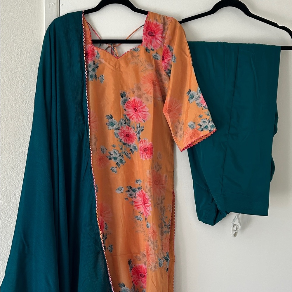 Teal & Peach Floral Salwar Kameez Indian suit Punjabi salwar suit